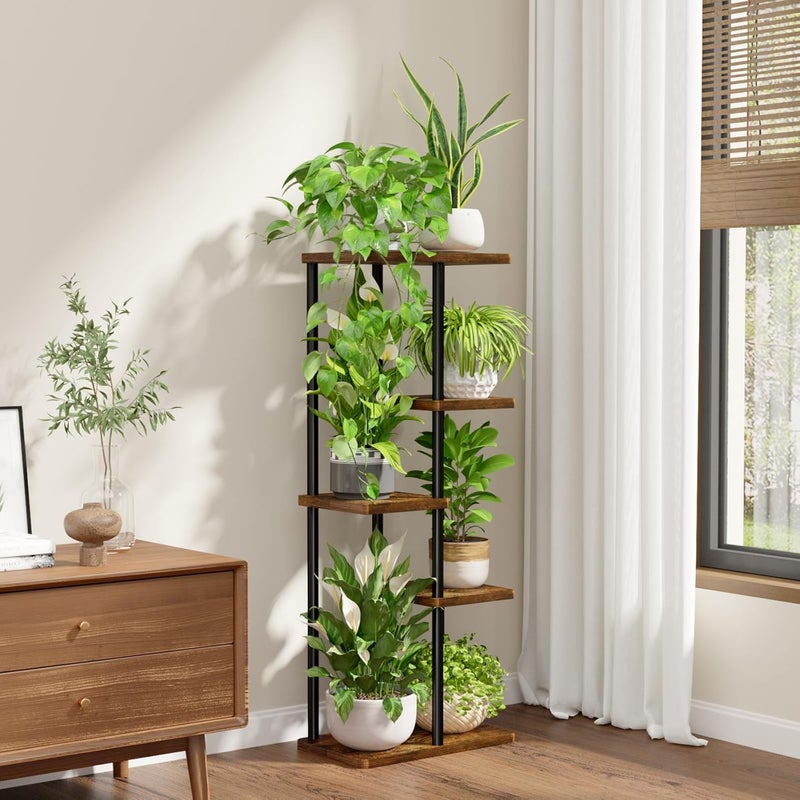 Bamworld Plant Stand 5 Tier Indoor Metal Flower Shelf for Multiple Plants Corner Tall Flower Holders for Patio Garden Living Room Balcony Bedroom, Black (5 Tier-Brown) - Image 1
