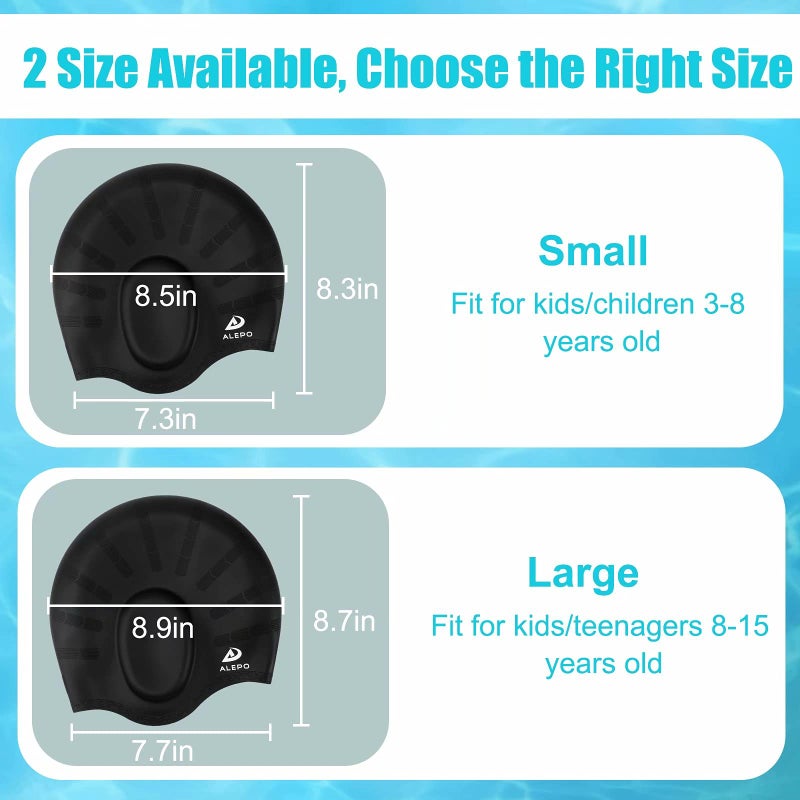 Alepo 2 Pack Kids Swim Caps for Boys Girls, Durable Silicone Swimming Cap with 3D Ear Pockets for Age 3-15 Toddler Child Youth Teen, Unisex Swim Bath Hats for Short/Long Hair with Ear Plugs Nose Clip-7 - Image 2