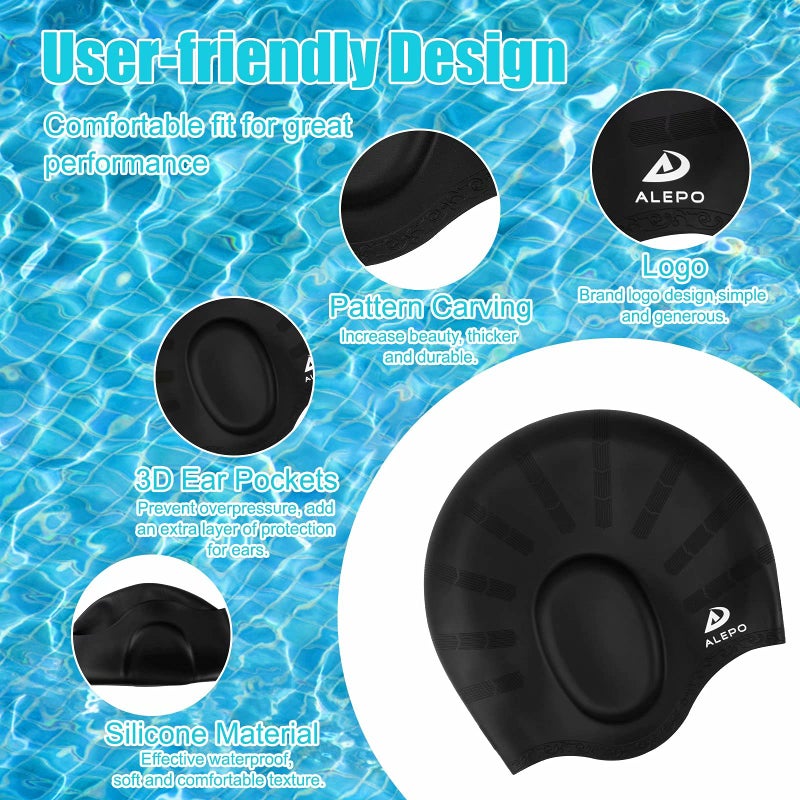 Alepo 2 Pack Kids Swim Caps for Boys Girls, Durable Silicone Swimming Cap with 3D Ear Pockets for Age 3-15 Toddler Child Youth Teen, Unisex Swim Bath Hats for Short/Long Hair with Ear Plugs Nose Clip-7 - Image 4
