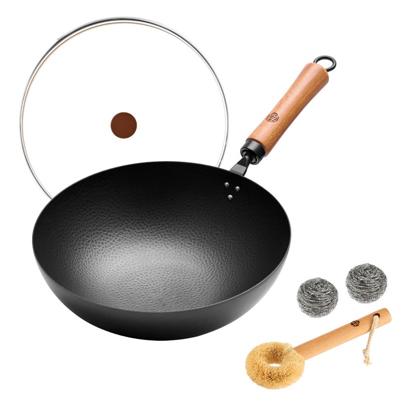 WANGYUANJI 11Inch RoundBottom Carbon Steel Wok with Glass Lid Removable Wooden Handle Traditional Pow Pan for Gas FlameWok Ring Only Not for FlatTop or Induction