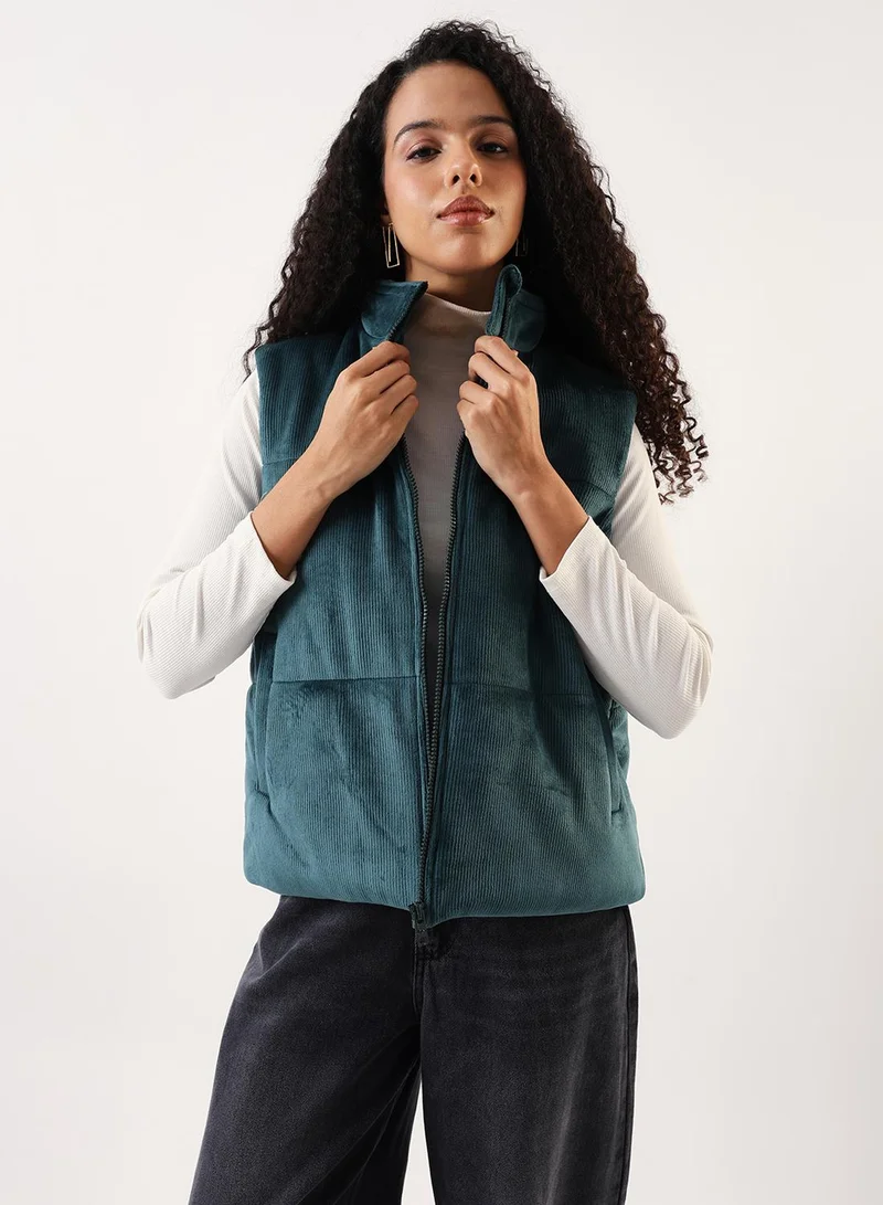 Dennis Lingo Women's Teal German Velvet Textured Gilet Regular Fit Jacket