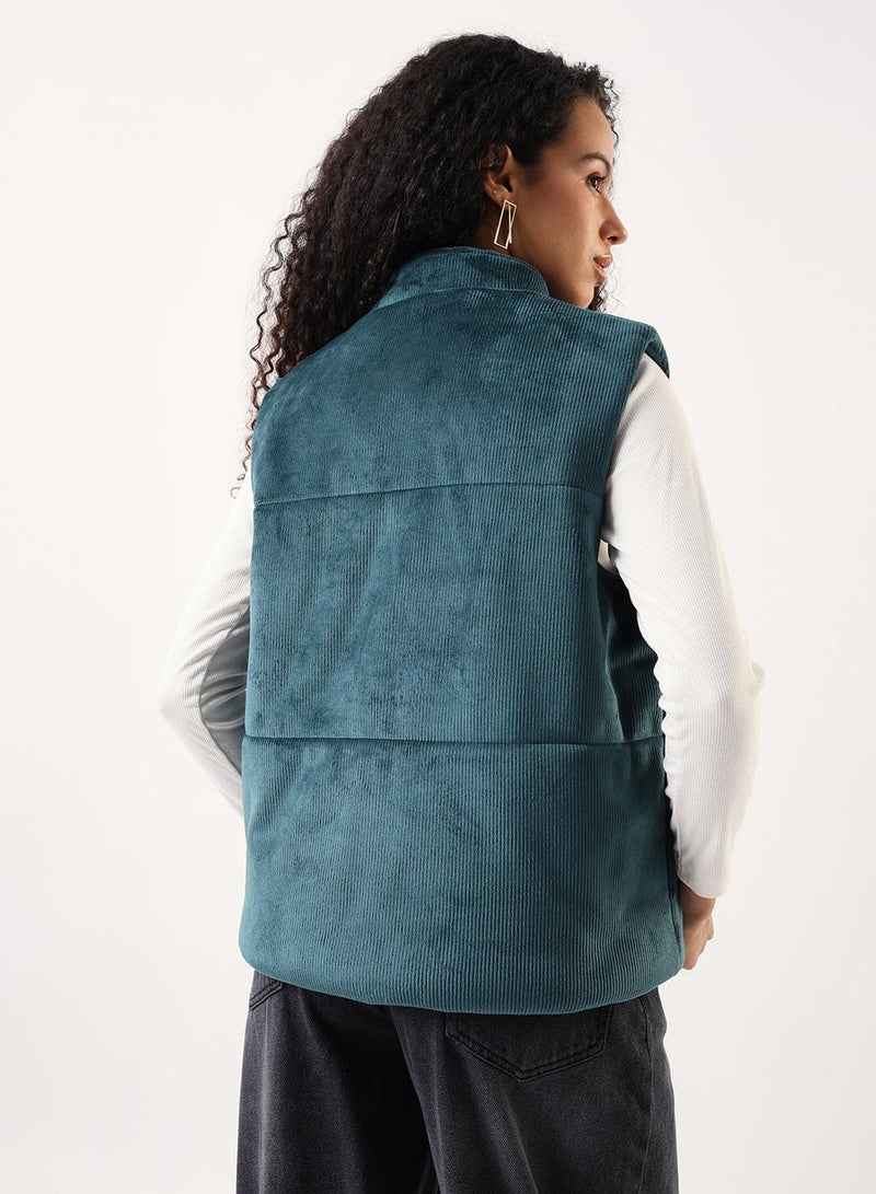 Dennis Lingo Women's Teal German Velvet Textured Gilet Regular Fit Jacket - Image 4