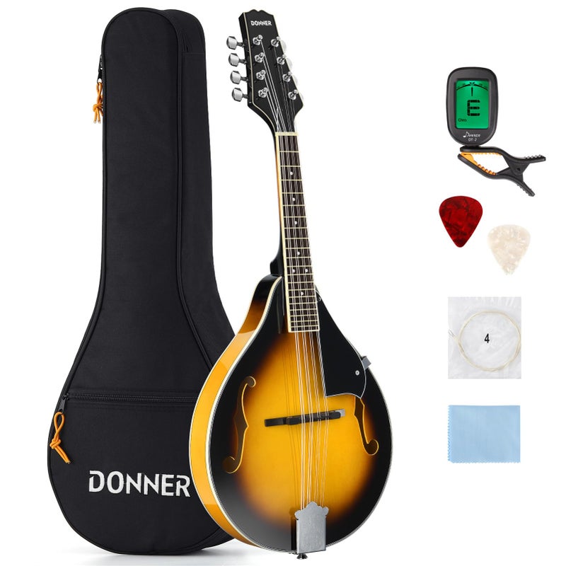 Donner A Style Mandolin Instrument Sunburst Beginner Adult Acoustic Mandolin Musical Instrument Mahogany 8 String, Bundle With Tuner String Bag Guitar Picks,DML-1 - Image 1