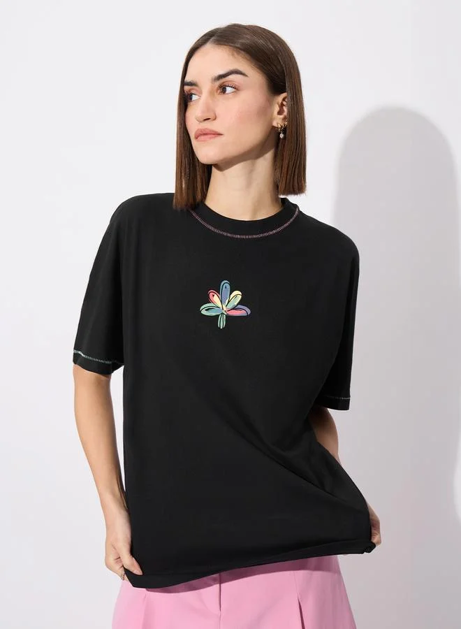 The Souled Store Black Graphic Print Oversized T-Shirt
