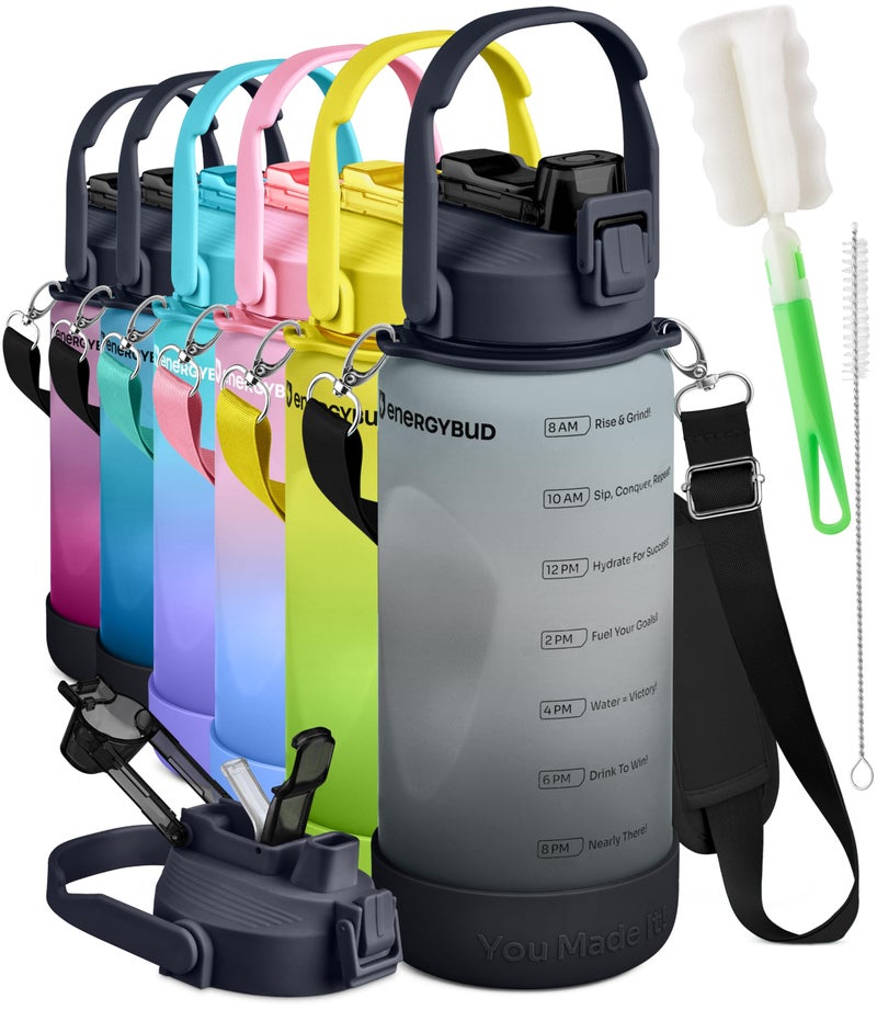 EnergyBud 1/2 Gallon Water Bottle with 74.3 oz Capacity - Motivational Time Markers for Daily Hydration Goals - Leakproof BPA Free Tritan with Removable Straw - Image 1