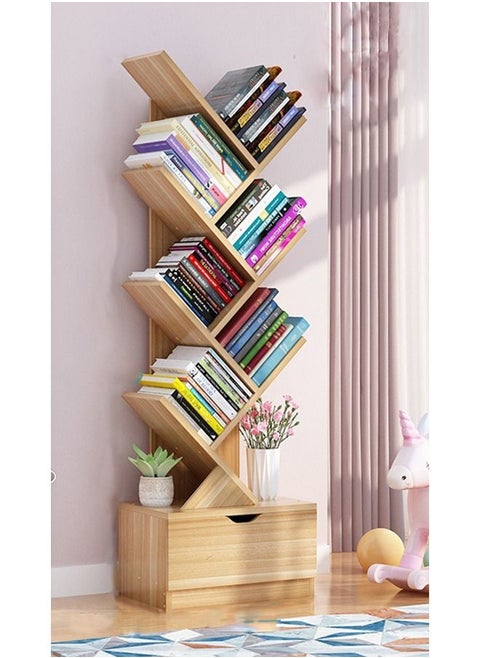 High-Capacity Free-Standing Wood Tree Bookcase and Bookshelf Organizer with Drawer