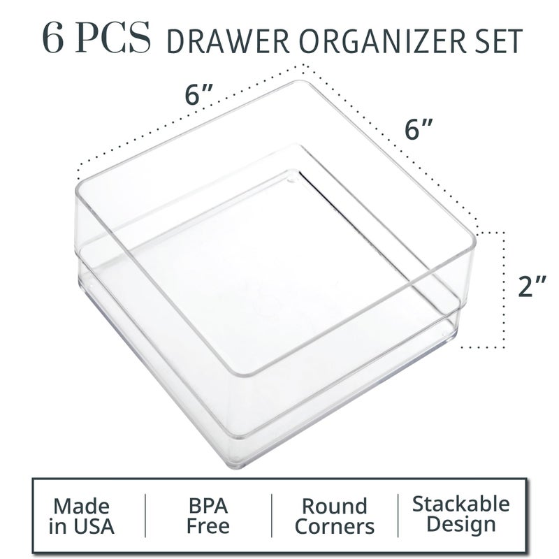 STORi SimpleSort 6-Piece Stackable Clear Drawer Organizer Set | 6" x 6" x 2" Square Trays | Small Makeup Vanity Storage Bins and Office Desk Drawer Dividers | Made in USA - Image 2