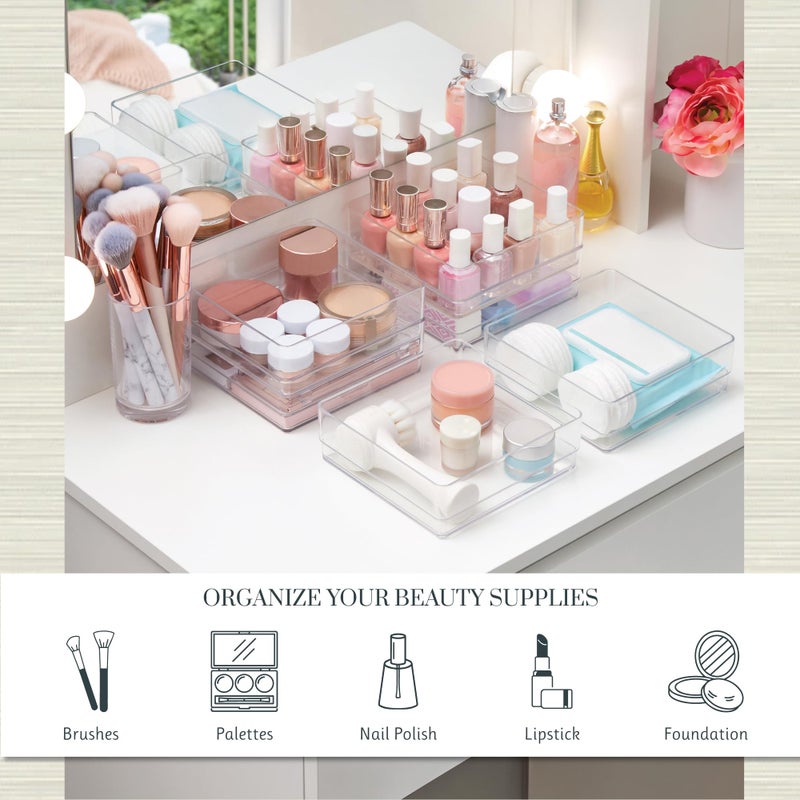 STORi SimpleSort 6-Piece Stackable Clear Drawer Organizer Set | 6" x 6" x 2" Square Trays | Small Makeup Vanity Storage Bins and Office Desk Drawer Dividers | Made in USA - Image 3
