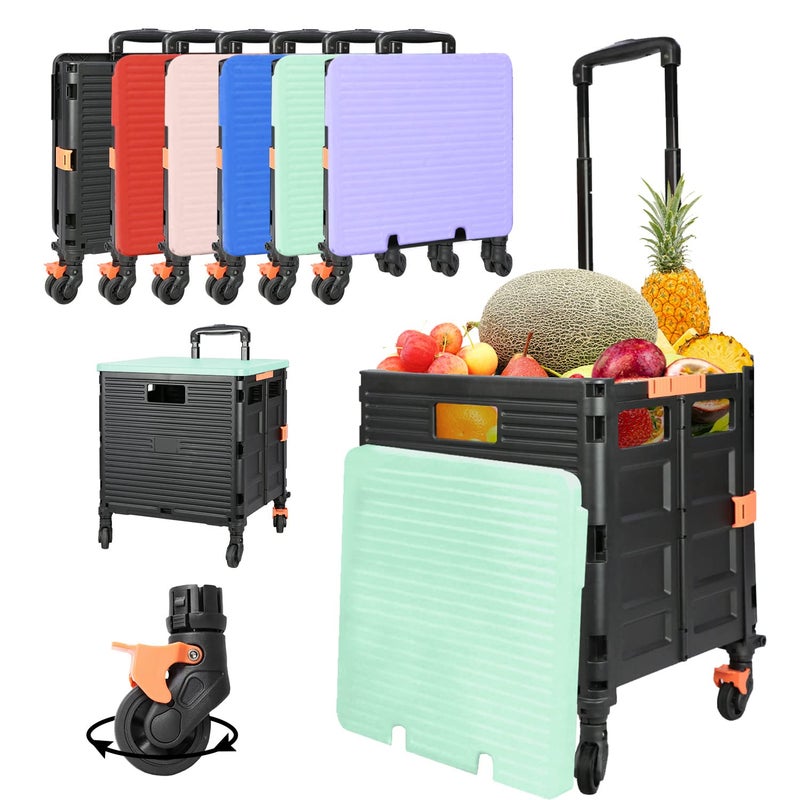 SELORSS SELORSS Foldable Utility Cart Portable Rolling Crate Handcart Shopping Trolley Collapsible Tool Box with Rotate Noiseless Wheels Telescoping Handle Lid for Travel Move Storage Office School Green 