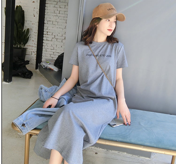 Summer Split-Long Tee Dress Casual Loose Fit Grey - Image 1
