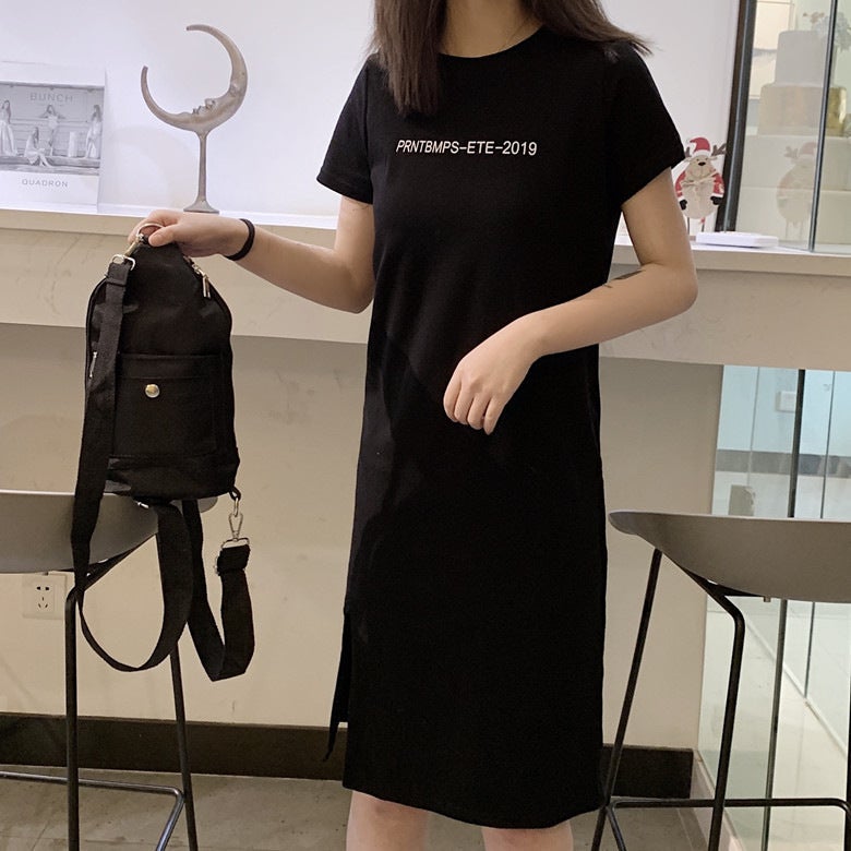 Summer Split-Long Tee Dress Casual Loose Fit Grey - Image 5