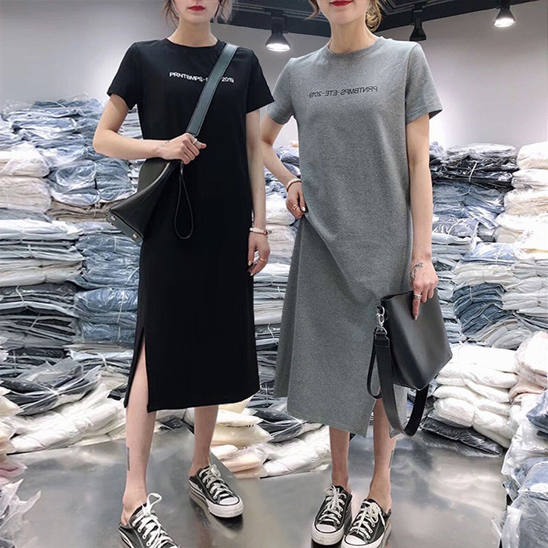 Summer Split-Long Tee Dress Casual Loose Fit Grey - Image 2