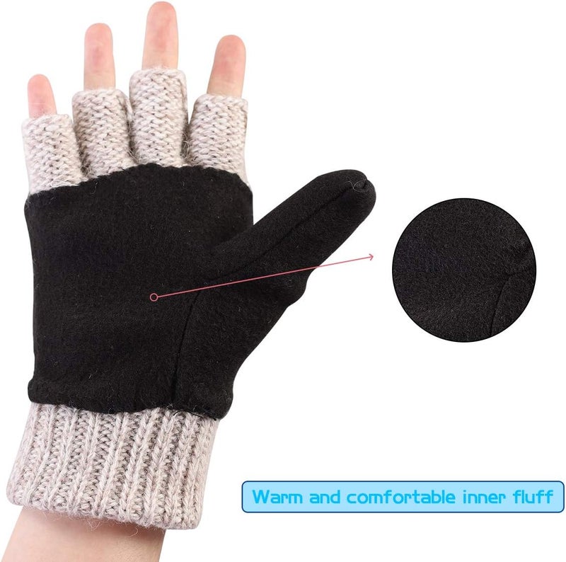OMECHY Winter Knitted Fingerless Wool Gloves Thermal Insulation Warm Convertible Mittens Flap Cover for Men Women - Image 5