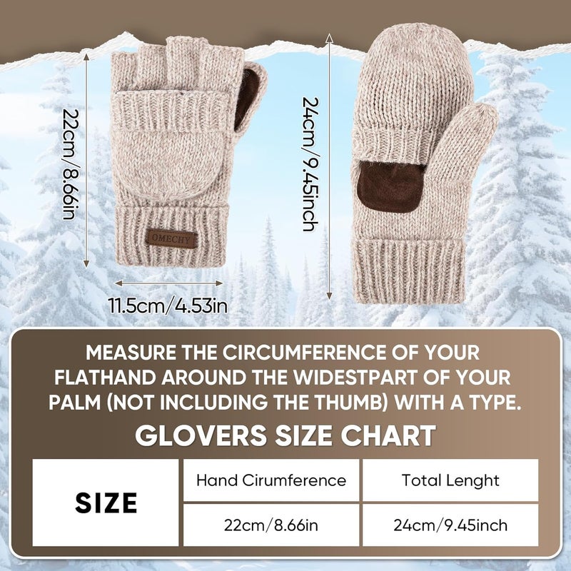 OMECHY Winter Knitted Fingerless Wool Gloves Thermal Insulation Warm Convertible Mittens Flap Cover for Men Women - Image 3