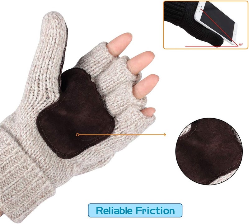 OMECHY Winter Knitted Fingerless Wool Gloves Thermal Insulation Warm Convertible Mittens Flap Cover for Men Women - Image 2