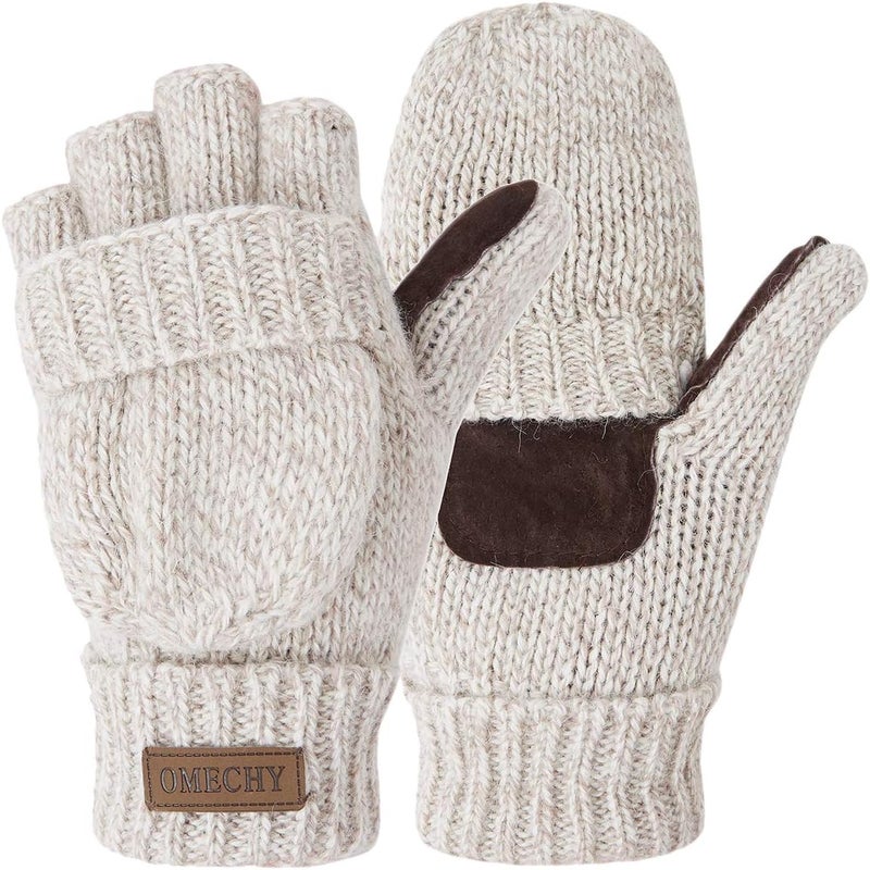 OMECHY Winter Knitted Fingerless Wool Gloves Thermal Insulation Warm Convertible Mittens Flap Cover for Men Women - Image 1