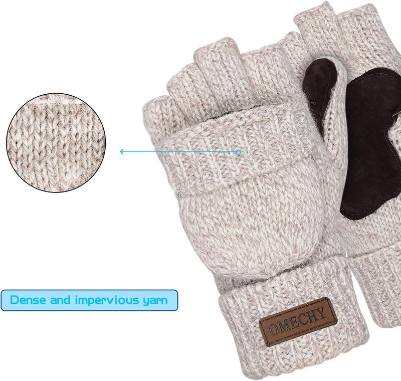 OMECHY Winter Knitted Fingerless Wool Gloves Thermal Insulation Warm Convertible Mittens Flap Cover for Men Women - Image 4