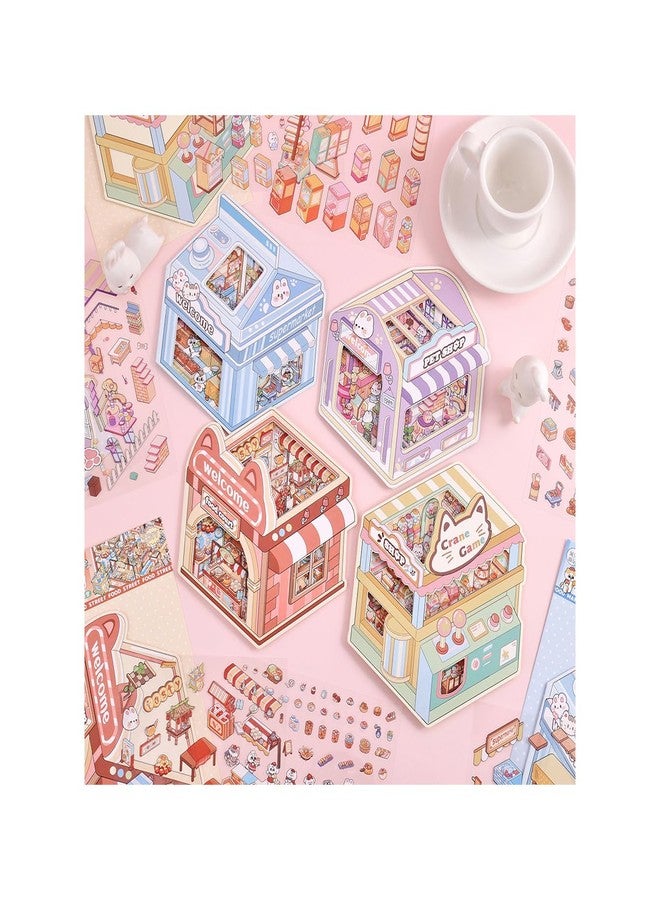 Palap DIY 3D House Stickers Pack of 4 with Tweezer - Cute Cartoon Scene Kits for Kids, Bear Workshop, Cute Dog, Meow House, Devil Cat - Image 1