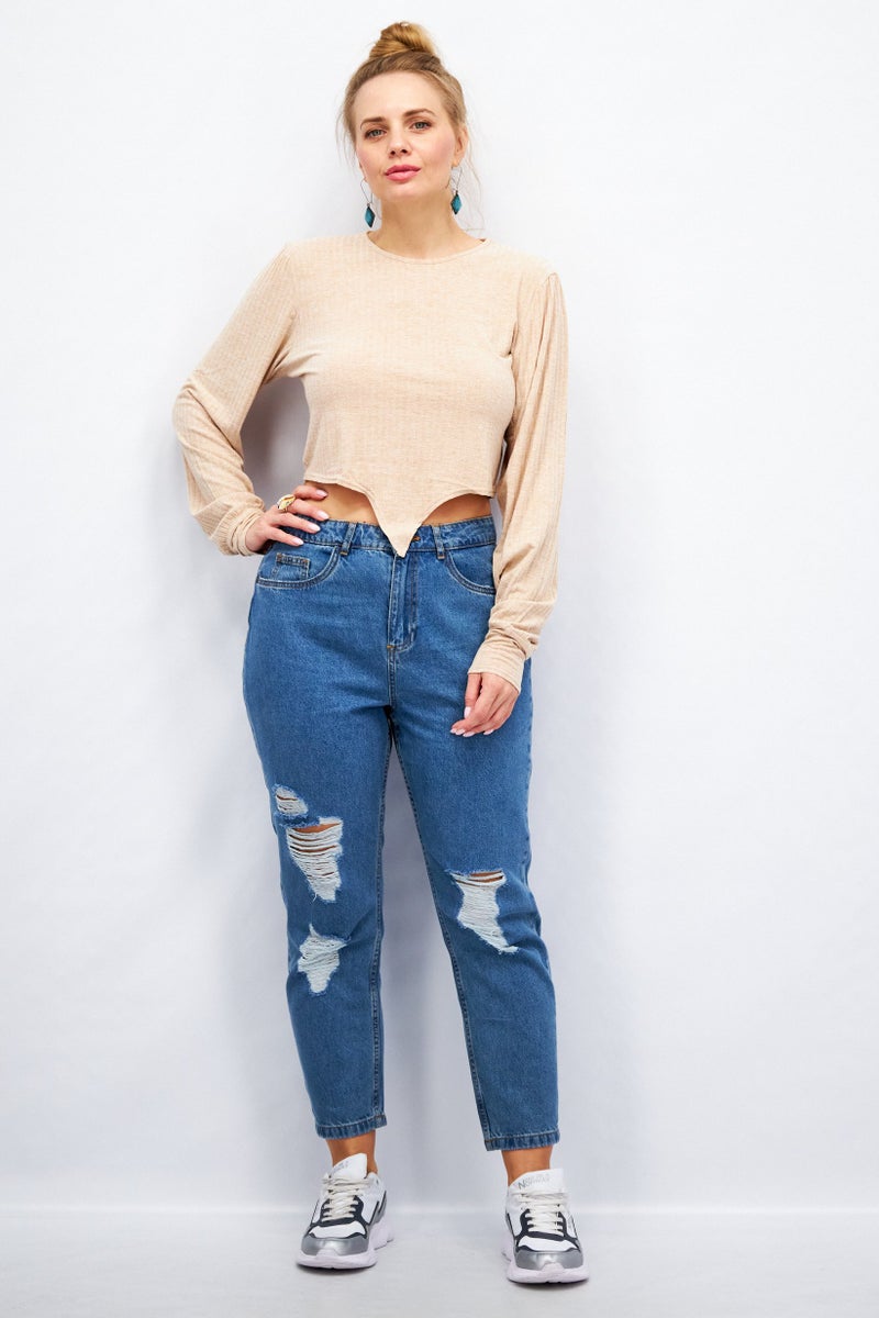 Missguided Women Round Neck Long Sleeves Textured Tops, Beige - Image 4