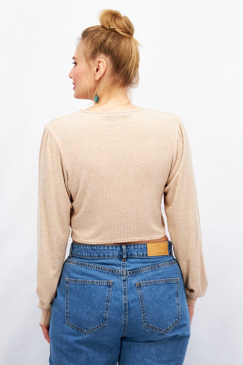 Missguided Women Round Neck Long Sleeves Textured Tops, Beige - Image 3