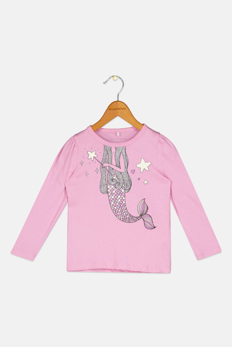 NAME IT بلوزة طويلة الأكمام مطبوعة للأطفال البنات، وردي - Image 1