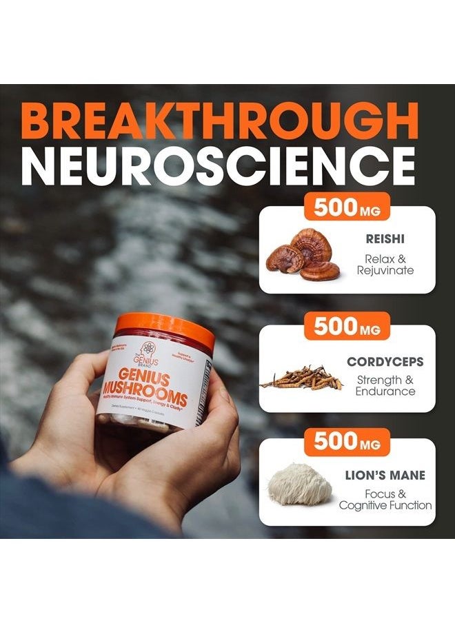 The Genius Brand - Genius Mushroom - Lions Mane, Cordyceps and Reishi - Immune System Booster & Nootropic Brain Supplement - for Natural Energy, Memory & Liver Support, 90 Veggie Pills - Image 1