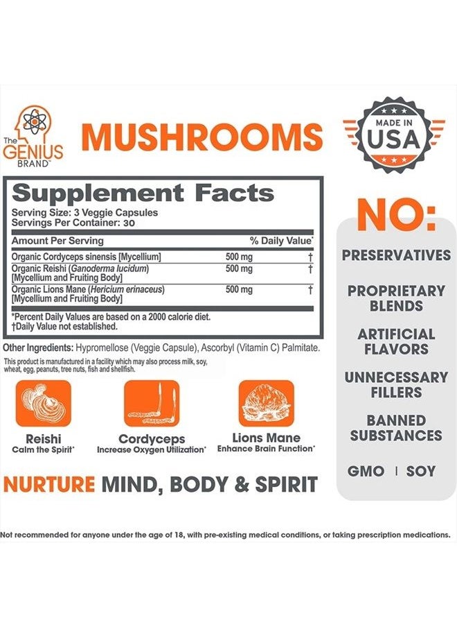 The Genius Brand - Genius Mushroom - Lions Mane, Cordyceps and Reishi - Immune System Booster & Nootropic Brain Supplement - for Natural Energy, Memory & Liver Support, 90 Veggie Pills - Image 1