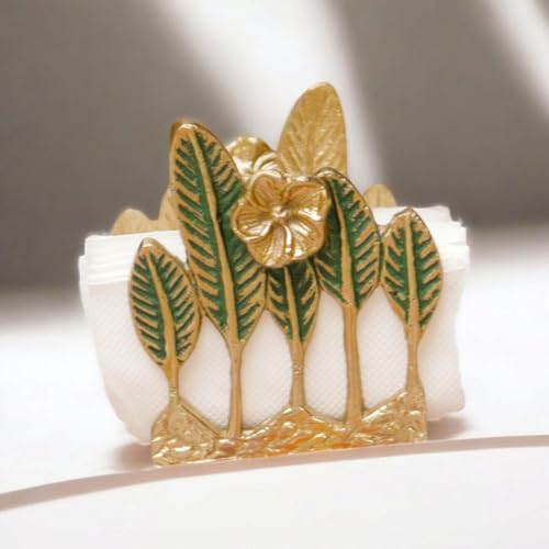 The Artage Metal Napkin Holder for Dining Table| Gold Aluminium Stand with Green Leaf Design|Tabletop Organiser for Home, Restaurant, Office, Living Room, Premium Tissue Paper Holder (Green) - Image 1