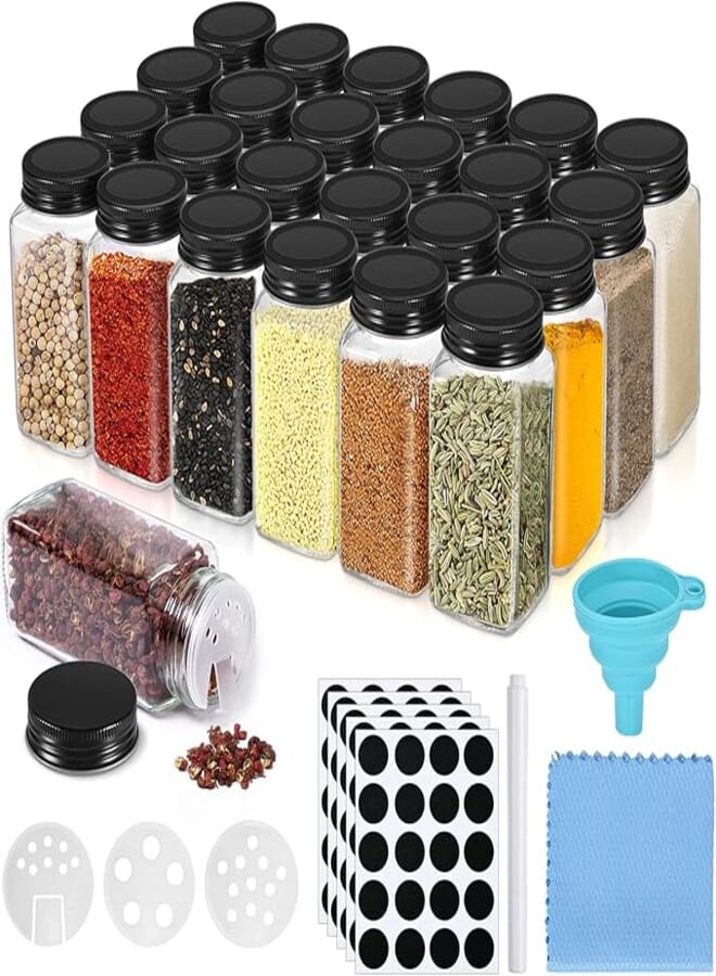 Kindpack Revivoer Spice Jars Set with Lid, 24pcs Square Glass Jars, 120ml, Spice Jars with Sieve, with Labels, and Funnel (Black)