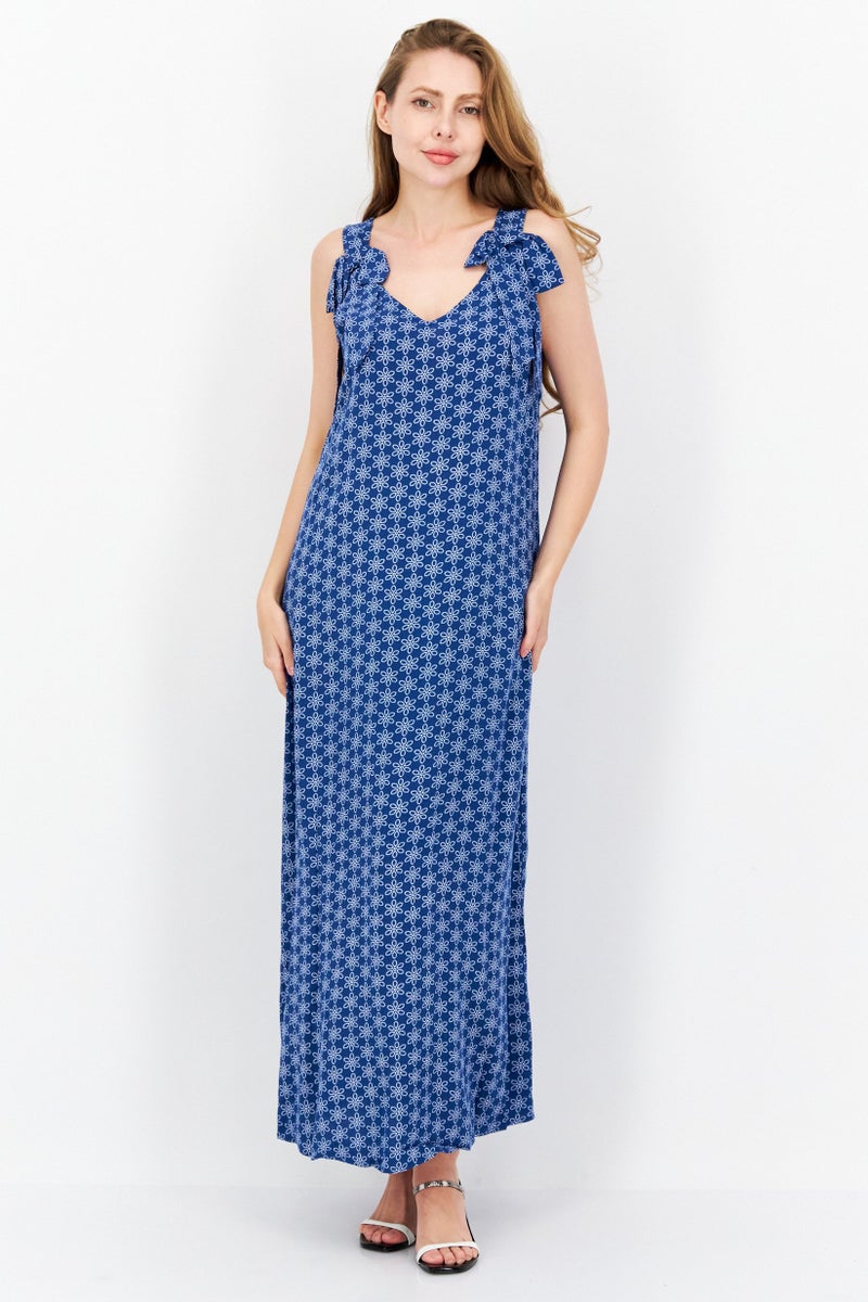 Riley & Rae Women V Neck Sleeveless Floral Maxi Dress, Blue - Image 1