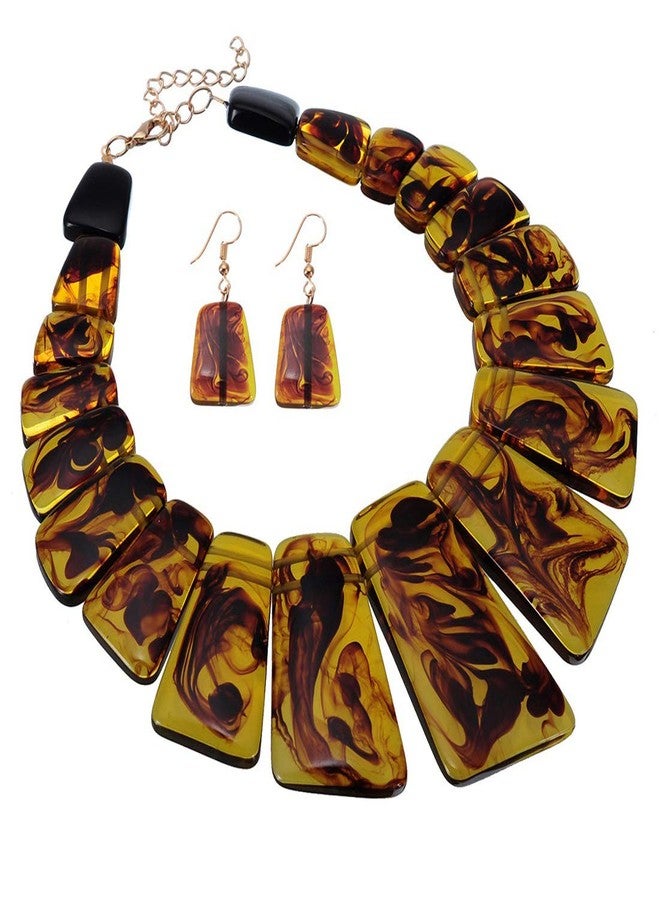 Jerollin Vintage Summer Brown Chunky Necklace Resin Geometric Handmade Pendant Earrings Jewelry Set - Image 1
