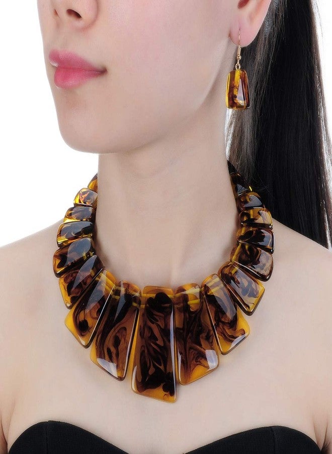 Jerollin Vintage Summer Brown Chunky Necklace Resin Geometric Handmade Pendant Earrings Jewelry Set - Image 2