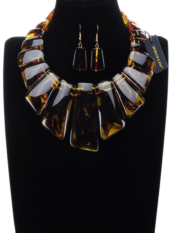 Jerollin Vintage Summer Brown Chunky Necklace Resin Geometric Handmade Pendant Earrings Jewelry Set - Image 3