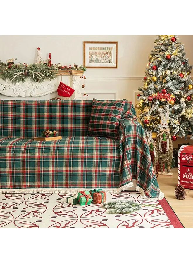 Vintage Christmas Plaid Sofa Cover Red And Green Grid 70.87x133.86 Inch Non Slip Holiday Decorative Blanket For Home Use - Image 1