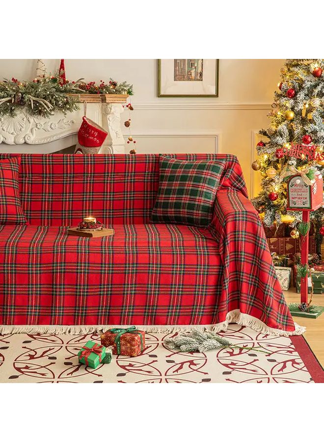 Vintage Christmas Plaid Sofa Cover Red And Green Grid 70.87x133.86 Inch Non Slip Holiday Decorative Blanket For Home Use - Image 4