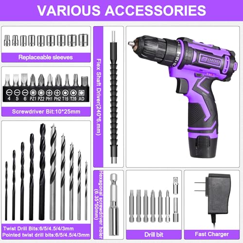 BIHOO Purple 12V Cordless Drill,Electric Power Driver Kit,3/8-Inch Keyless Chuck, Variable Speed,with Drills Bits Set for Home DIY - Image 3