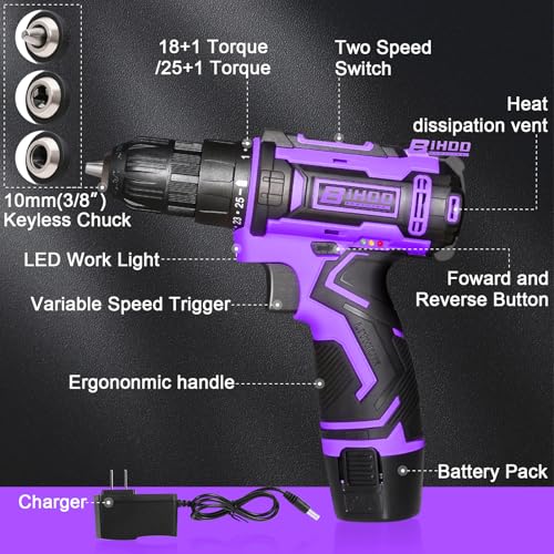 BIHOO Purple 12V Cordless Drill,Electric Power Driver Kit,3/8-Inch Keyless Chuck, Variable Speed,with Drills Bits Set for Home DIY - Image 2