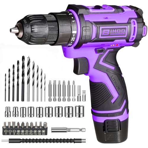 BIHOO Purple 12V Cordless Drill,Electric Power Driver Kit,3/8-Inch Keyless Chuck, Variable Speed,with Drills Bits Set for Home DIY - Image 1