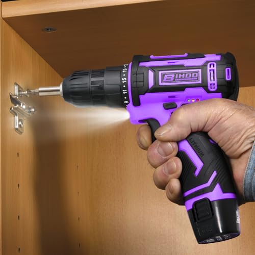 BIHOO Purple 12V Cordless Drill,Electric Power Driver Kit,3/8-Inch Keyless Chuck, Variable Speed,with Drills Bits Set for Home DIY - Image 5