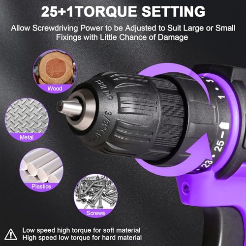 BIHOO Purple 12V Cordless Drill,Electric Power Driver Kit,3/8-Inch Keyless Chuck, Variable Speed,with Drills Bits Set for Home DIY - Image 4