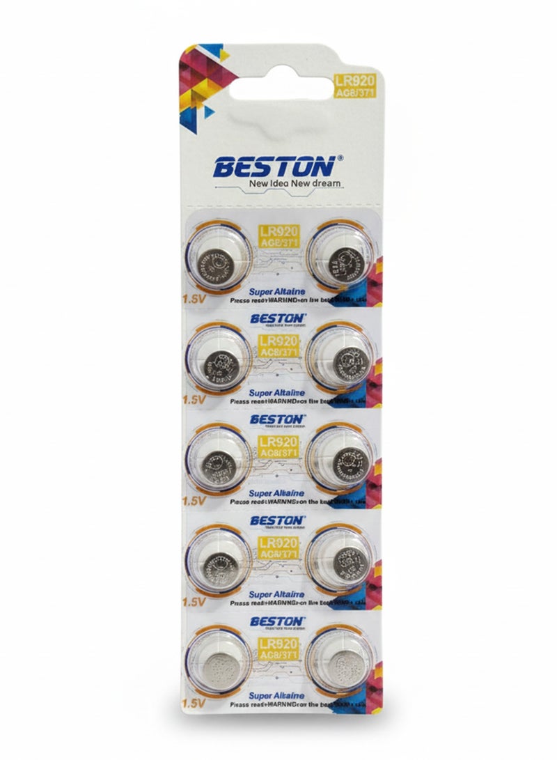 بيستون بطارية ليثيوم دائرية LR920 AG6/371 1.5 فولت، بطارية زر طويلة الأمد للساعات والآلات الحاسبة والألعاب والأجهزة الإلكترونية الصغيرة (عبوة من 10) - Image 1
