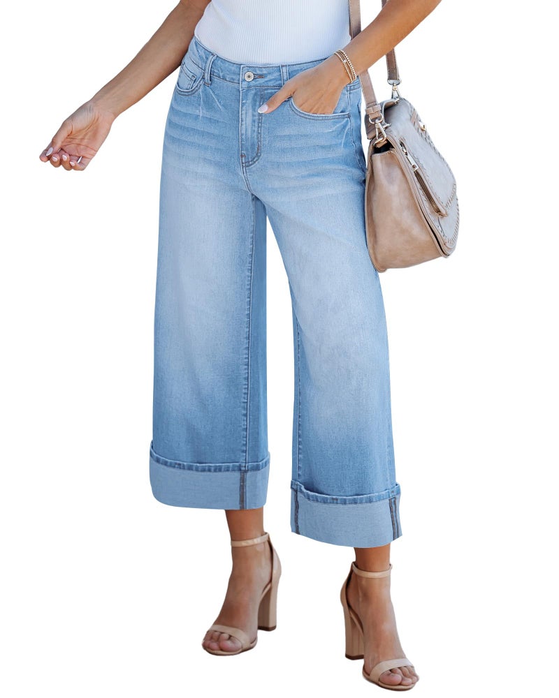 GRAPENT Summer Outfits - Women's Fashion Wide Leg Cropped Pants - Capri Jeans - Western Wear - Color Roadnight Blue - Sizes 12 & 14 - Image 1