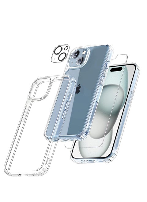 بكج حماية شفاف رفيع لايفون 15 بلس رفيع (iPhone 15 Plus) مع عبوة واحدة من واقيات الشاشة من الزجاج المقوى وقطعة واحدة من واقي عدسة الكاميرا، غطاء جوال لـ 15 بلس (6.7 إنش) 2023 (3in1)