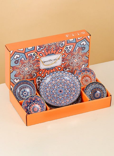 4 pcs Bowls + 2 pcs Plates Ceramic Tableware Gift Set, Retro Mandala Pattern Home Breakfast Dessert Bowls, Microwave & Dishwasher Safe Durable Tableware, Living Room Hospitality Snack Fruit Plates, Festival Gifting Exquisite Packaging High-Aesthetic Dining Bowl Set