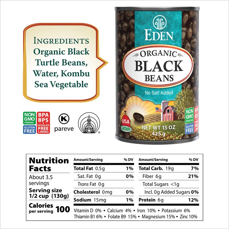 Eden Organic Black Beans, 15 oz Can (12-Pack Case), No Salt Added, Non-GMO, U.S Grown, Heat and Serve, Macrobiotic, Turtle Beans, Frijol Negro, Caviar Criollo - Image 2