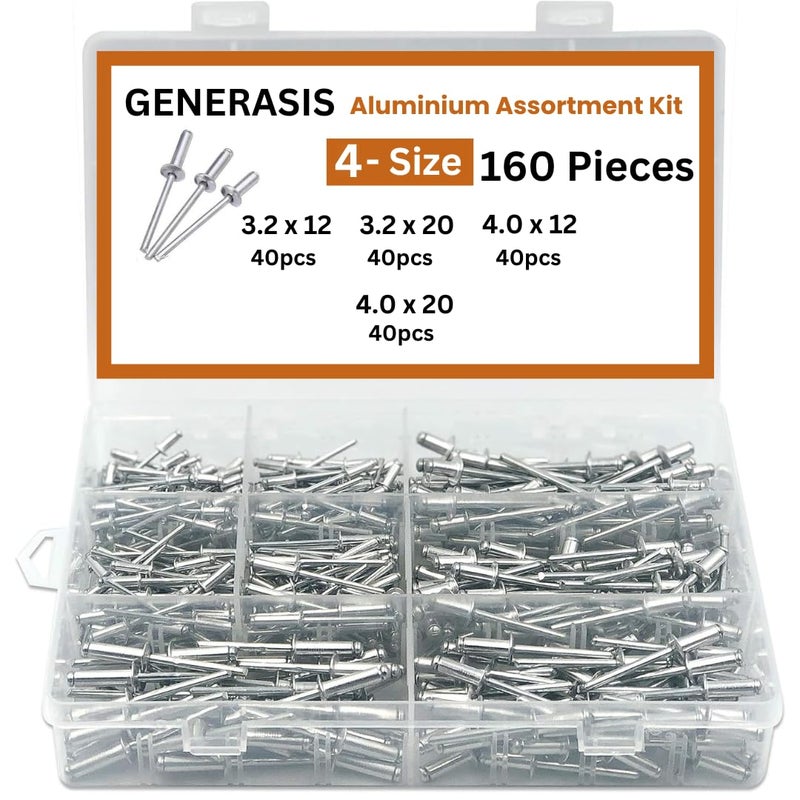GENERASIS 4 حجم 160 قطعة | مجموعة مسامير ألومنيوم عمياء | مسامير معدنية POP لآلة التثبيت / ماكينة التثبيت، مجموعة متنوعة (مسامير عمياء - صغيرة إلى متوسطة الحجم) - Image 1