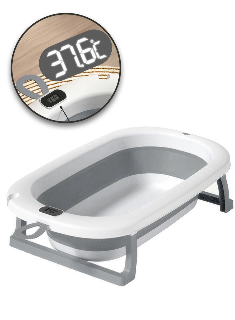 رينوفو حوض استحمام للأطفال مزود بمقياس حرارة رقمي، وقابس تصريف وحلقة تعليق، حوض استحمام قابل للطي ومناسب للسفر ومضاد للانزلاق للأطفال، رمادي - Image 1