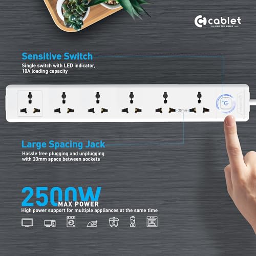 Cablet 6 Way Extension Board - 6 Universal Socket + 1 Switch, 10A and 2500W - 4.5m Heavy Duty Cable - White, Medium (Cablet 6010-45) - Image 2
