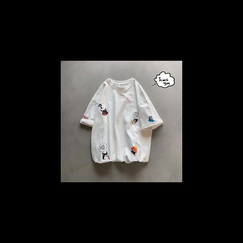 Loose Super Style All-Match Japanese Harajuku Harbor Sleeve Five-Point Boys Hip-Hop Cect Short-Sleeved Shirt Ins Korean Style Cartoon - Image 1