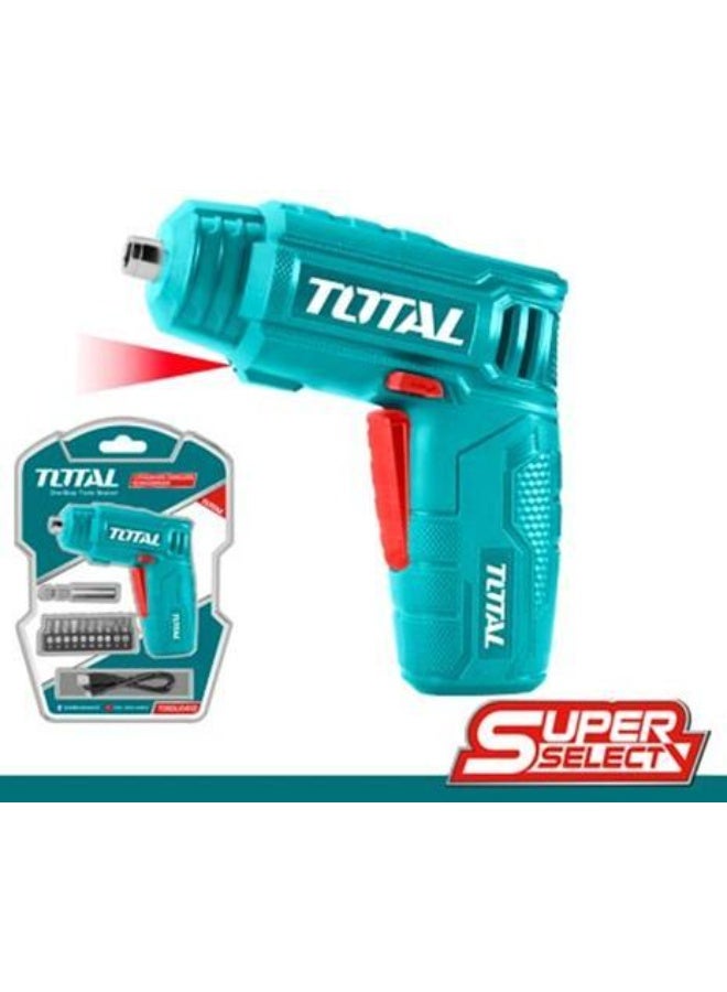 توتال مفك براغي ليثيوم لاسلكي قابل لإعادة الشحن من توتال، 4 فولت، 1.3 أمبير/ساعة – TSDLI0402